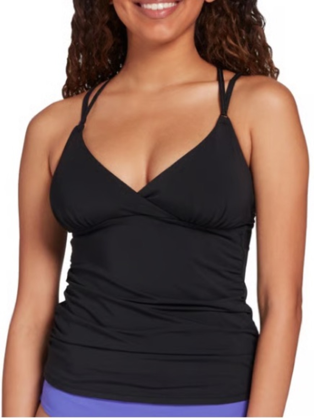 Calia Strappy Back Ruched Tankini Top Solid Black Lined Sewn In Padding Medium